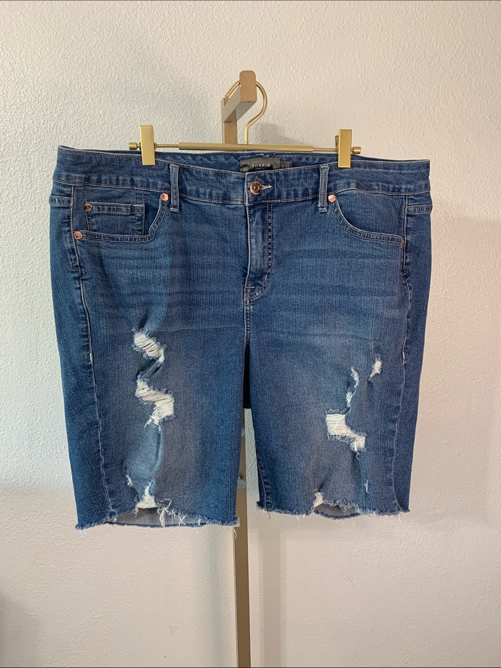 torrid Dark Blue Distressed Mid-Length Denim Shorts- Size 20